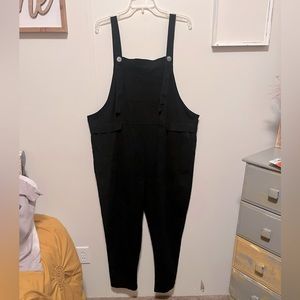 Cotton/Linen straight leg black overalls with adjustable button straps
